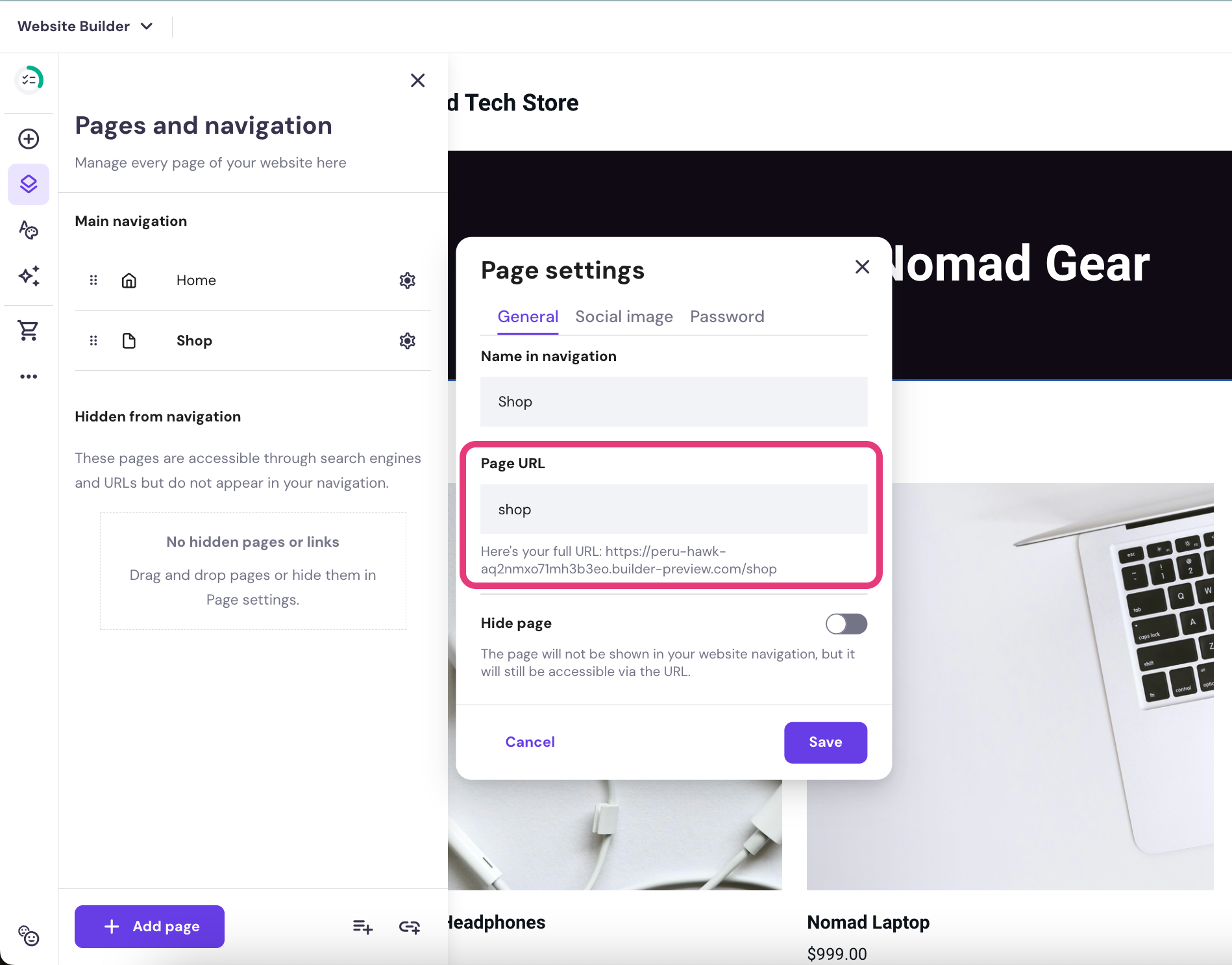 URL settings within the Hostinger Website Builder dashboard